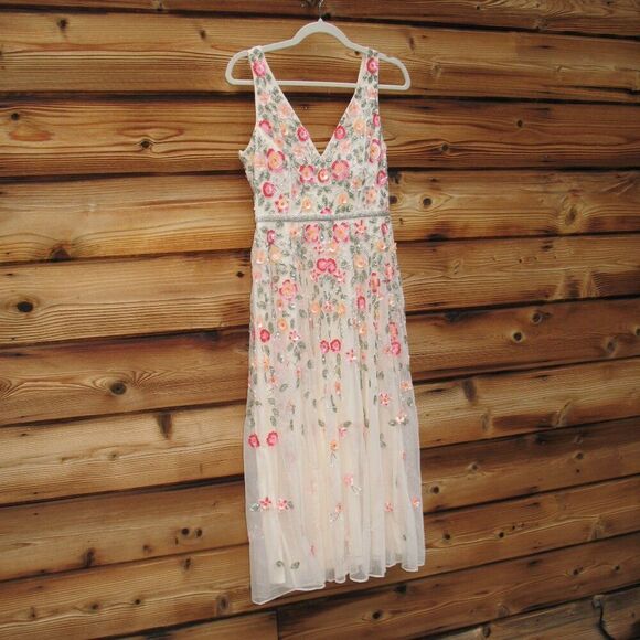 Mac Duggal 5527 Cream V-Neck Sleeveless Midi Floral Beaded A-line Dress $598 - Picture 8 of 15